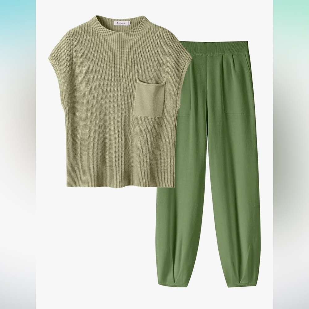 Green High-Waisted Jogger Pants and Knit Top set
